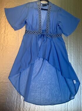 NY&Co XL Light Blue Sheer Lace Trim Kimono Tie Front High-Low Top
